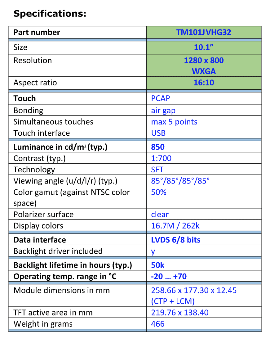 10 1 Wxga Tft Lcd Modules With Pcap For Industrial Applications Tianma